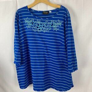 Bob Mackie Wearable Art Women's Colbalt Blue Striped 3/4 Sleeve Top Size 2X